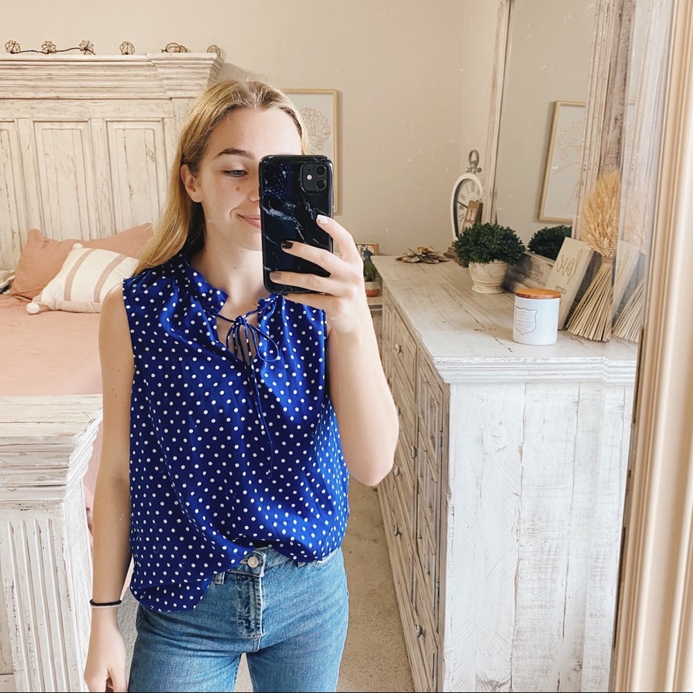 J CREW POLKA DOT NAVY WHITE BLOUSE 6